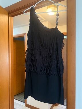 Dots Black One-Shoulder Ruffle Dress with Beaded Strap